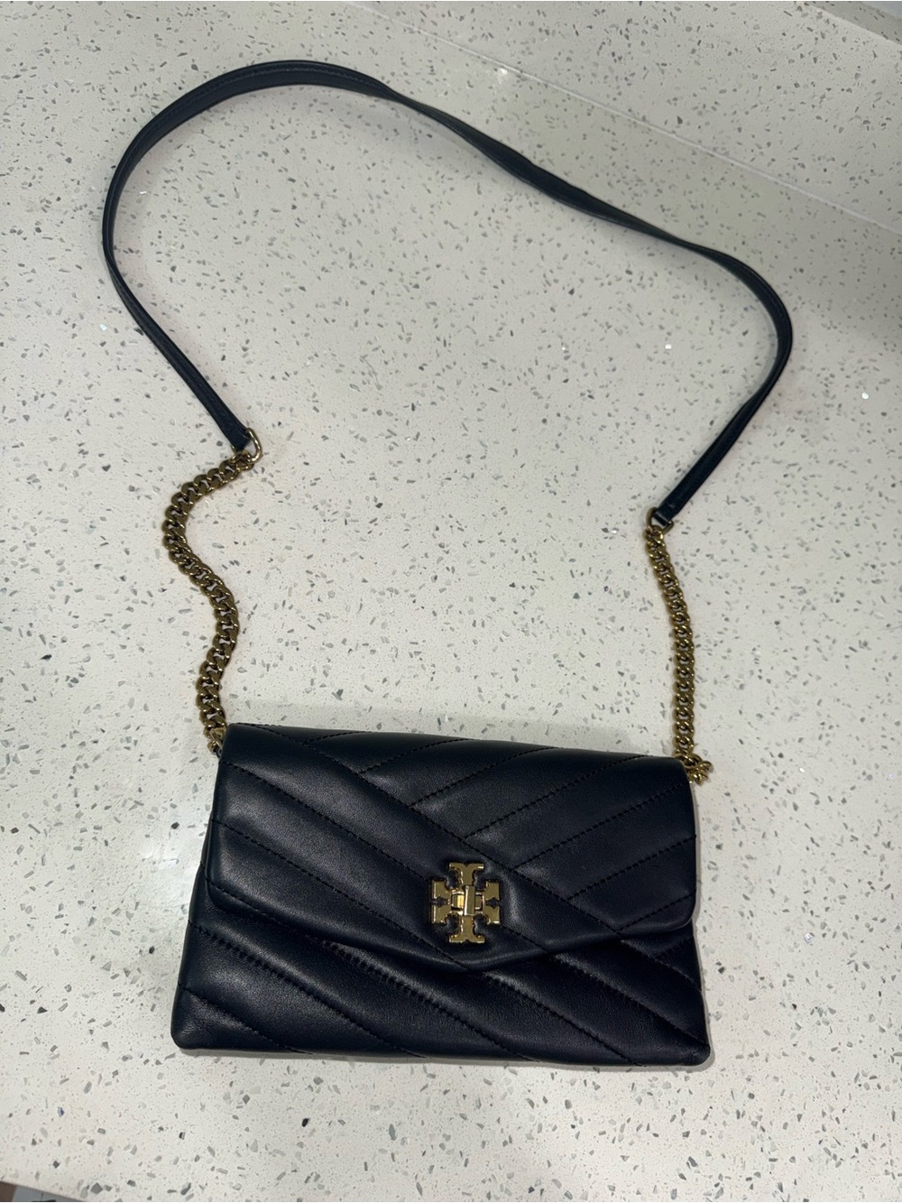 Tory Burch Black Quilted Chevron Leather Crossbody with Gold Chain